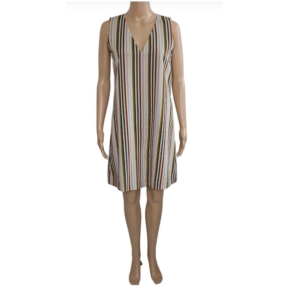 Theory Women’s Sz 2 V-Neck Stripe Sleeveless Linen Blend Dress Shift Lightweight - Picture 2 of 15